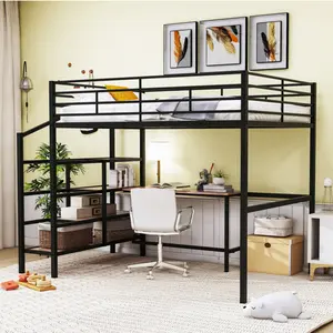 Full Size Metal Loft Bed Frame with Desk and Lateral Storage Ladder, Black