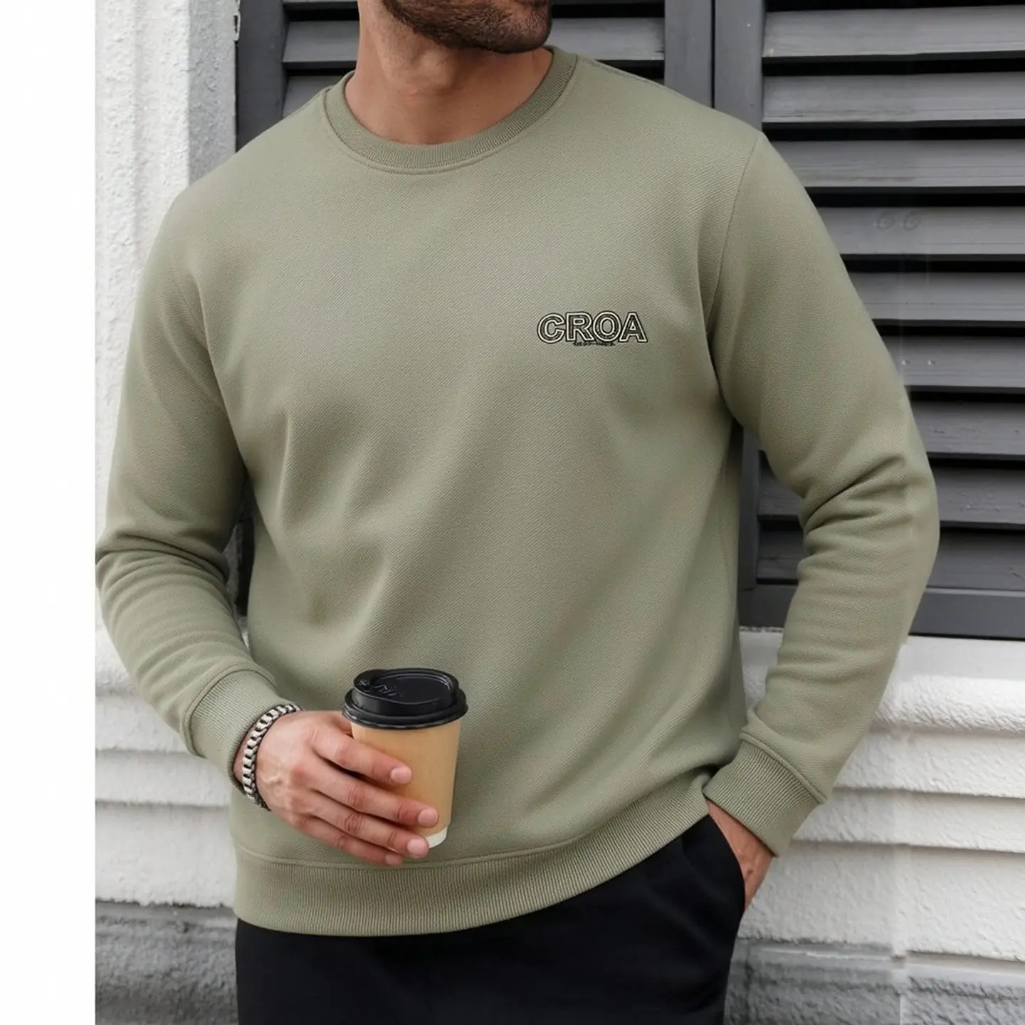 CROA Menswear Men's Olive Green Logo-Detail Casual Long Sleeve Sweatshirt, Comfortable Everyday Top
