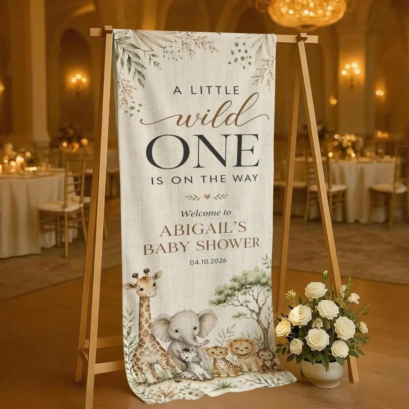Personalized Safari Baby Shower Tapestry: Custom Wild One Fabric Banner, Neutral Welcome Sign