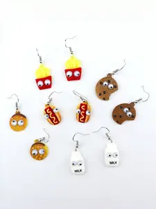 Fun Resin Earrings, Burger Hot Dog Cookie French Fries Ear Rings, Moving Eye Design, Five Pairs Set, Novelty Food Themed Jewelry