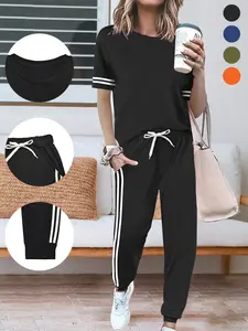 Women’s Summer Set Featuring a Classic Striped Design—a Home Casual Athletic Set in a Basic Summer Style. Four-Season Contrast Yoga Sports Suit