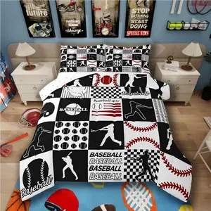 Boys Baseball Comforter Set,Ball Sports Bedding Set,Patchwork Baseball Bat Glove Games Player Comforter European Sport Softball Fan Bed Set,Black Red