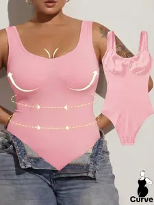 PLUS  SIZE Women's Seamless Ribbed Abdominal Control Shapewear Bodysuit, Round Neck Tank Top, Sexy U-Back Sleeveless  Bodysuits for Going Out,Soft Elastic Fabric, Casual Daily Wear, All Seasons, Underwear