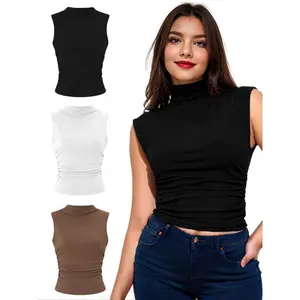 Women’s solid-color stand-up collar pleated vest, summer clothing for women, everyday outdoor casual sleeveless top, summer women’s apparel GARMENTARY