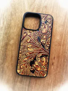 Leather Phone Case - Tooling Phone Case - Caramel Paisley - For Samsung S8 S9 S10 S20 S21 S22 S23 S24 Note 8 9 10 20 Plus Ultra FE +