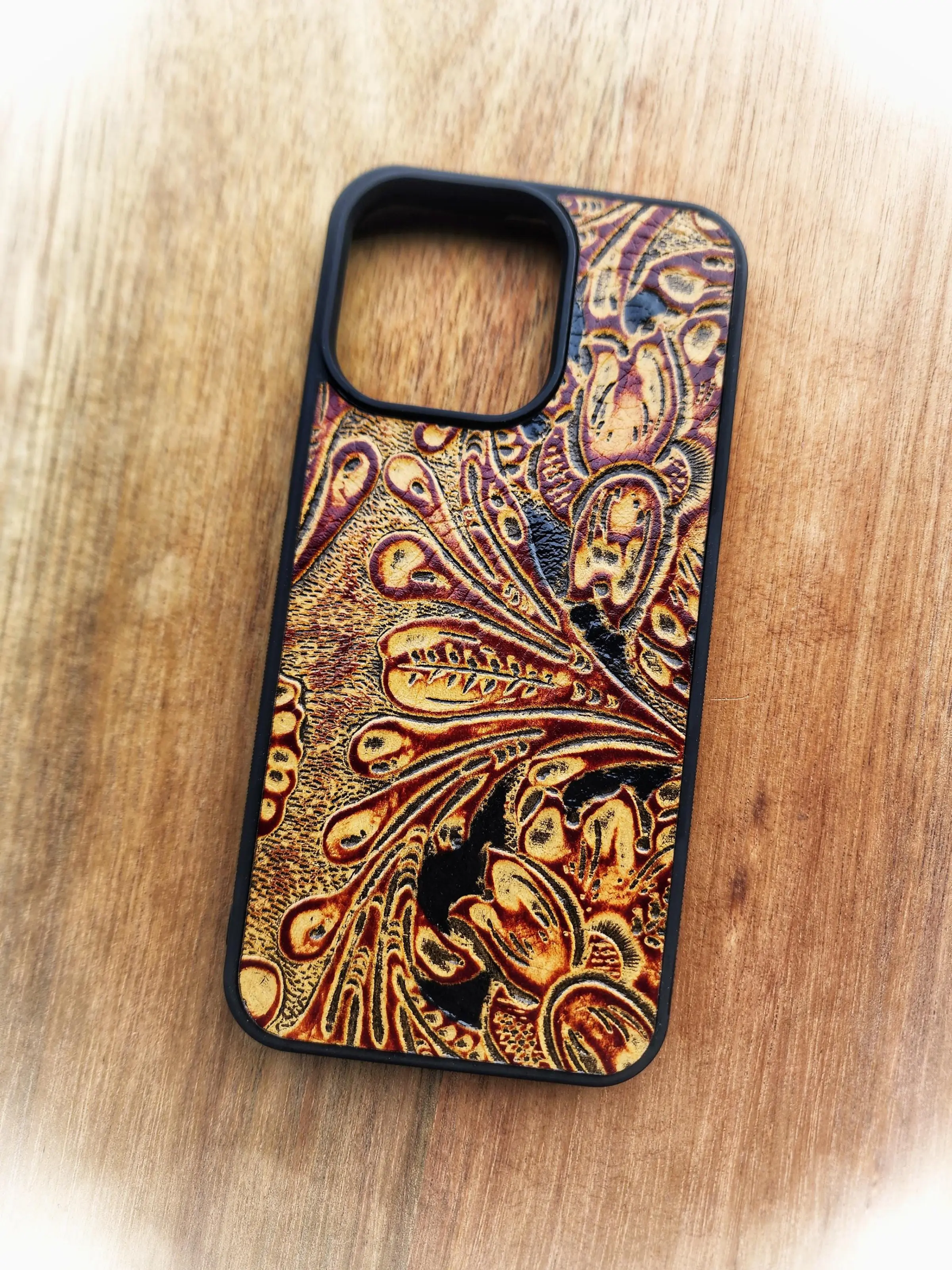 Leather Phone Case - Tooling Phone Case - Caramel Paisley - For Samsung S8 S9 S10 S20 S21 S22 S23 S24 Note 8 9 10 20 Plus Ultra FE +