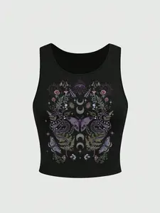 Women's Fitted Snake and Butterfly Moon Print Gym Tank Top, Sportswear Tank Top, sports vest top, Workout Gym Clothing, Casual Summer Beach Cami, Sporty Cami Top for Vacation and Swimming, Ladies' Sleeveless Top, Sleeveless Sports Tops, Workout Apparel