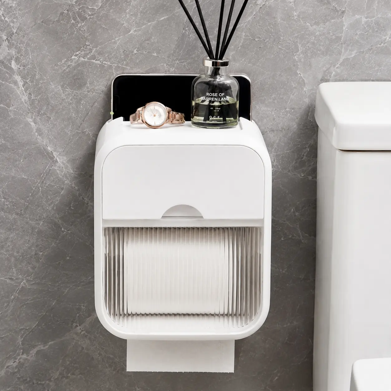 Waterproof Wall Mount Tissue Dispenser  Modern Fluted Bathroom Organizer for Roll Paper & Face Towels with Top Shelf