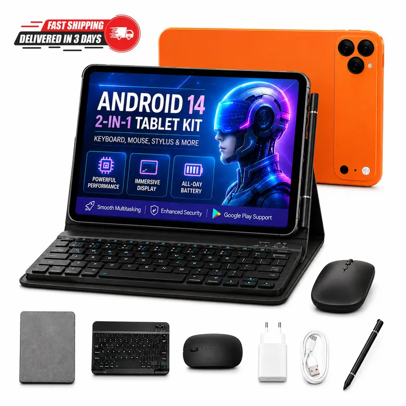 Slim 10.1" Android Tablet Bundle with Keyboard & Stylus, Portable Tablet for Students, College, Dorm, Reading, Streaming & Everyday Tasks