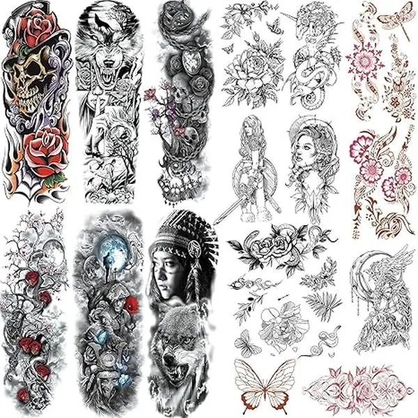 Flora Temporary Tattoo for Women, 6 Sheets Sleeve Tattoos Full Arm Temporary Tattoo, 11 Sheets Half Arm Fake Tattoos That Look Real, Skeleton, Butterflies