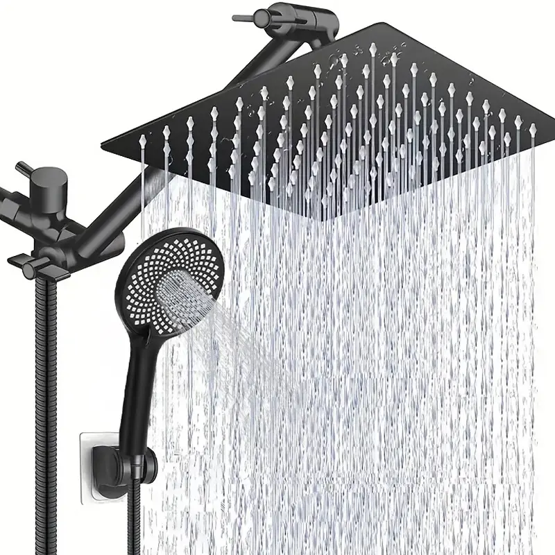 Bathroom top spray shower set with adjustable height and angle, mechanical extension arm with 3 water flow modes, handheld showerhead, 1.5-meter stainless steel hose, black 10/12 inch stainless steel top spray