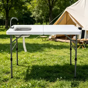 Fish Cleaning Table, 50" Folding HDPE Outdoor Fish Cleaning Station with Sink and Trash Can, 360° Stainless Steel Faucet, Drainage Hose, Summer Vibes