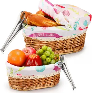 2 Set 11" 12" Wicker Bread Basket for Serving Large Bread Serving Basket Woven with Removable Cover Liner Tong for Fruit Food Picnic BBQ Pool Party(Natural with Easter Egg Cover)