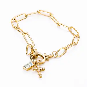 Custom Birthstone Bracelet Zircon Cross Pendant 18K Gold Plated Stainless Steel Personalized Jewelry Lucky Charm Fashion Statement Piece 2026 Trendy Design Gift for Women Valentine‘s Day Anniversary Christmas Present