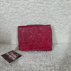 Vibrant Red Floral Embossed Leather Tri-fold Wallet