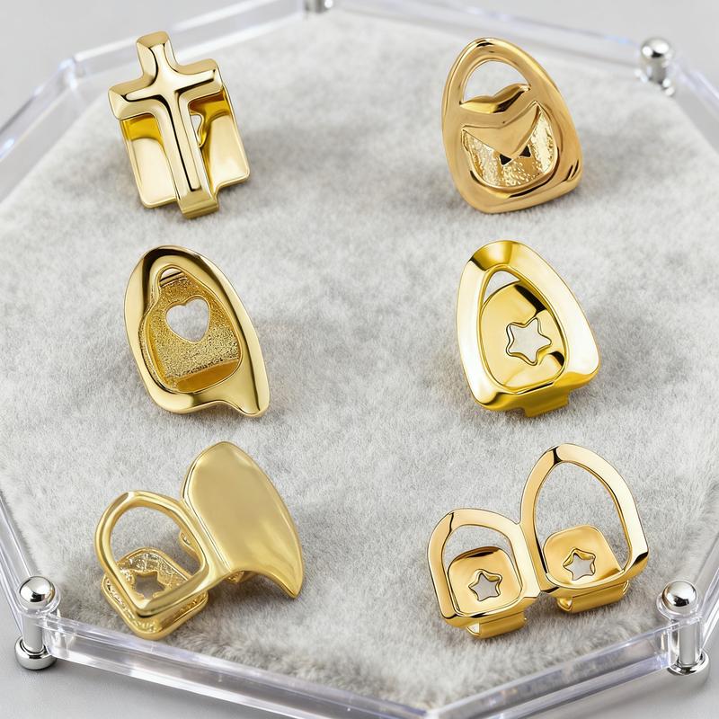 2 Pieces 18K Gold Plated Gold Finish Teeth Grillz Single Teeth Cap Crown, Hip Hop Mouth Grills Fang with Adhesive Beads Party Accessories,Versatile Halloween Personalized Teeth Ornaments for Men and Women