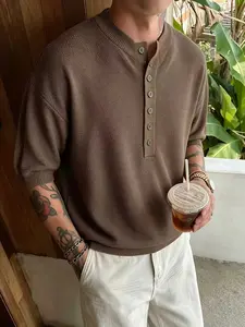 Half-Open Neck Men's Knit Sweater, Vintage Style Henry Collar Button Craft, Short Sleeve Pullover for Men, Casual Fashion Top