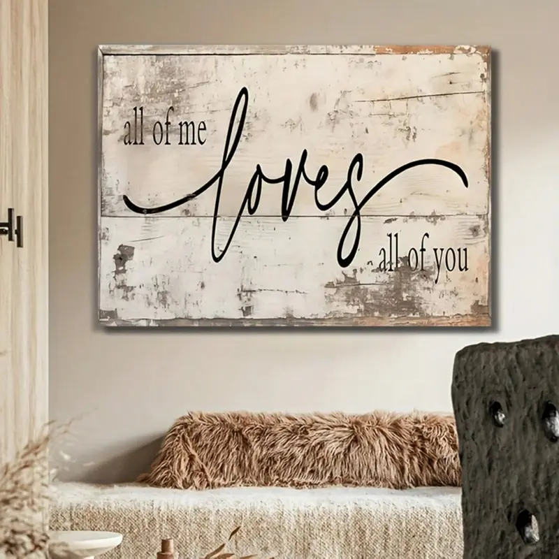 Rustic Farmhouse Style Love Quote Canvas Wall Art Decor, "All Of Me Loves All Of You" Distressed White Wood Plank Print for Bedroom Living Room Home Decoration, Horizontal Sentimental Artwork Gift Ornaments