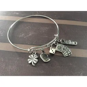 Lucky Casino Dice Playing Cards and Four Leaf Clover Charm Silver Expandable Adjustable Wire Bangle Bracelet Stacking Handmade Trendy Gamble Gift