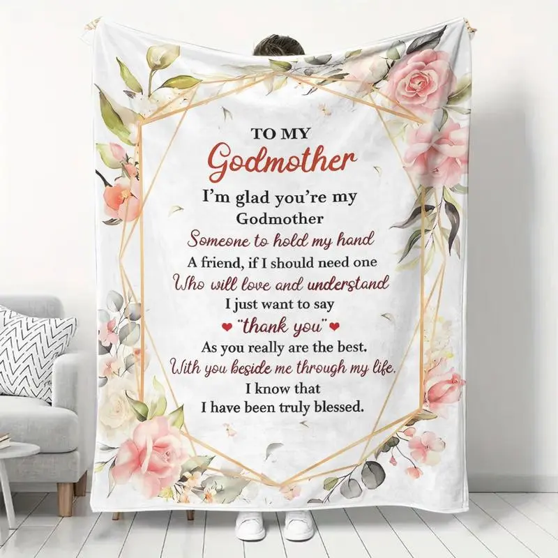 Blessed Godmother Flannel Blanket Heartfelt Gift Vintage Floral Design Ultra Soft Polyester Fabric Lining Multicolor Pink Red Cherished Comfort Perfect Sofa Bed Accent Thanksgiving Christmas Valentines Day Cozy Throw