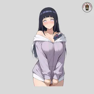 Blushing Hinata Sticker, Vinyl Waifu Sticker in Hoodie with Floral Tattoo, Phone and Notebook Decor
