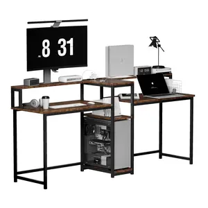 2 Person Computer Desk with LED Lights,Gaming Desk with Storag,Power Outlets and Monitor Stand,Study Writing Table for Home Office Wall Mounted Desk