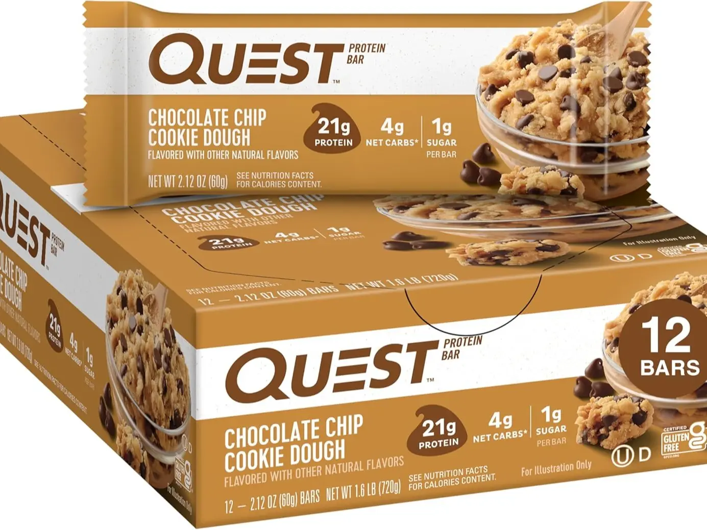 Quest Nutrition Chocolate Chip Dough Cookie Protein Bars, 21g Protein, 1g Sugar, 4g Net Carb, High Fiber, Gluten Free, Keto Friendy, 12 Count