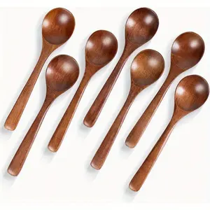 Set of 7 Small Wooden Spoons, 5.8 Inch Tea Honey Spoons, Hardwood Coffee Honey Stirrers, Bamboo Table Spoon Set, Kitchen Utensils, Tableware