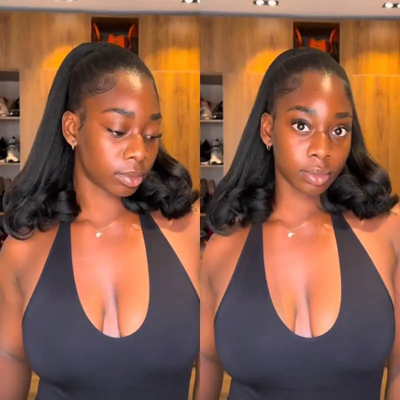 [New In] Asteria Hair 16 Inch Yaki Straight Ponytail & Clips In With Body Wave Ends Natural Black Human Hair Extensions Easy Install