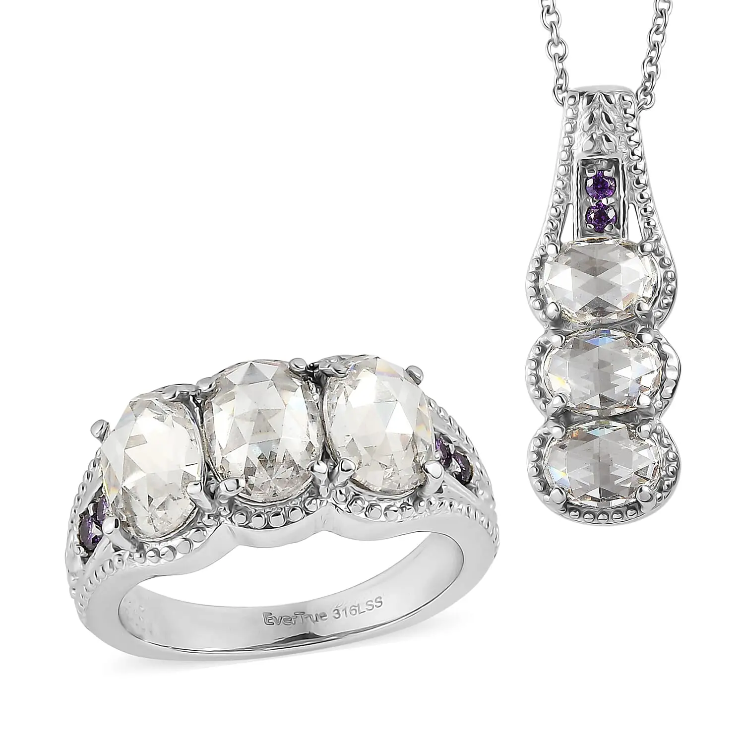 EverTrue Simulated White and Amethyst Color Diamond Ring (Size 5.0) and Pendant Necklace (20 Inches) in Stainless Steel 12.35 ctw