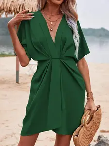 Solid Wrap Ruched Front Batwing Sleeve Dress