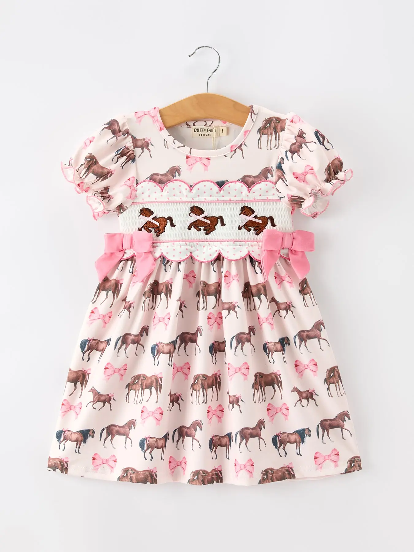 Rylee Faith Designs Western Horse Smocked Girls Dress Bow Ruffle Short Sleeve Sundress Sun Dress Casual Dress Play Dress Summer for Toddler Girls Little Girls Kids Girls Cute Horse Dress Ruffle Dress Boutique Kids Clothes Everyday Daily Wear Girls Dress