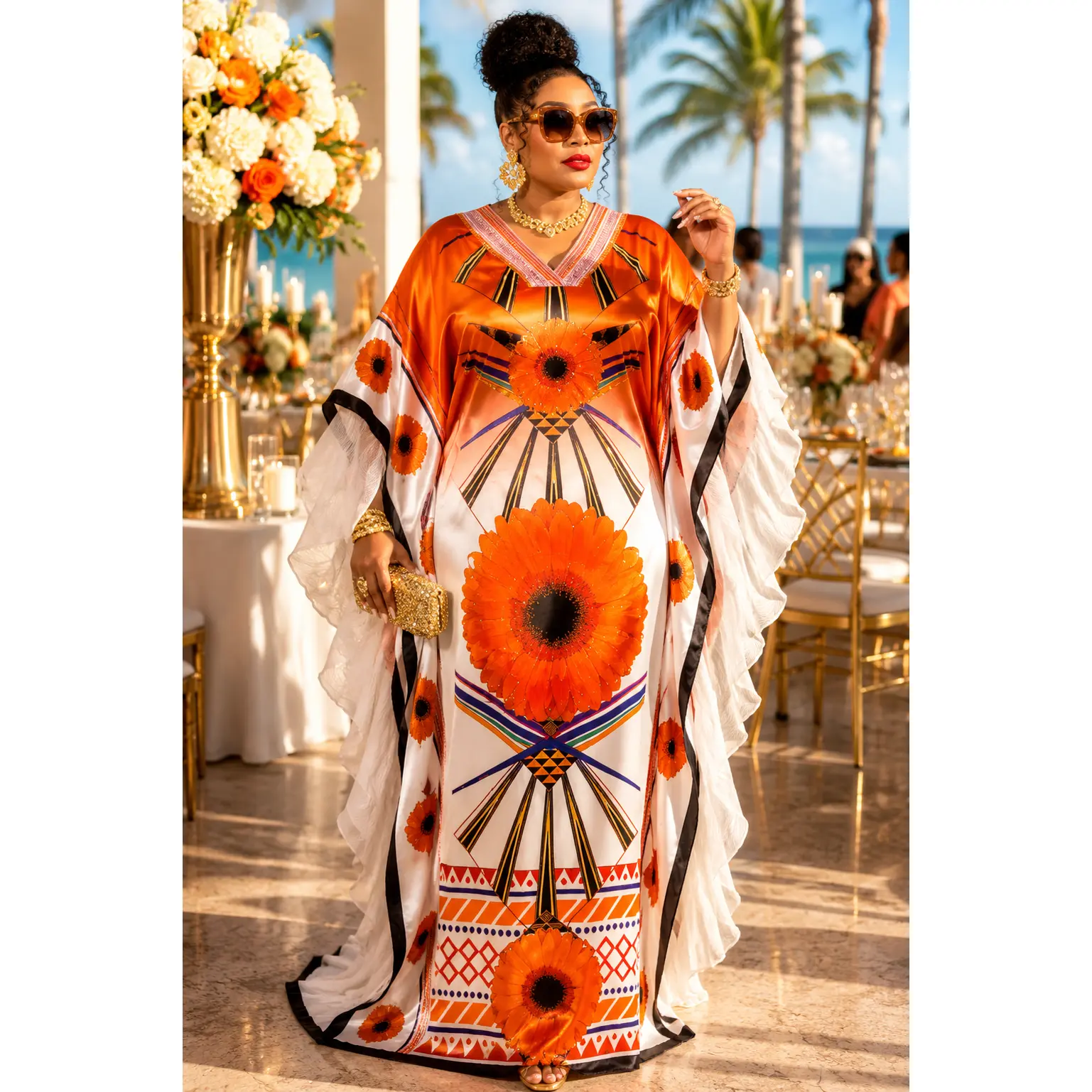 Orange Rhinestone Ruffle Sleeve Kaftan Maxi Dress Bubu for Wedding Cocktail Reception Birthday Party Dinner Engagement Ceremony