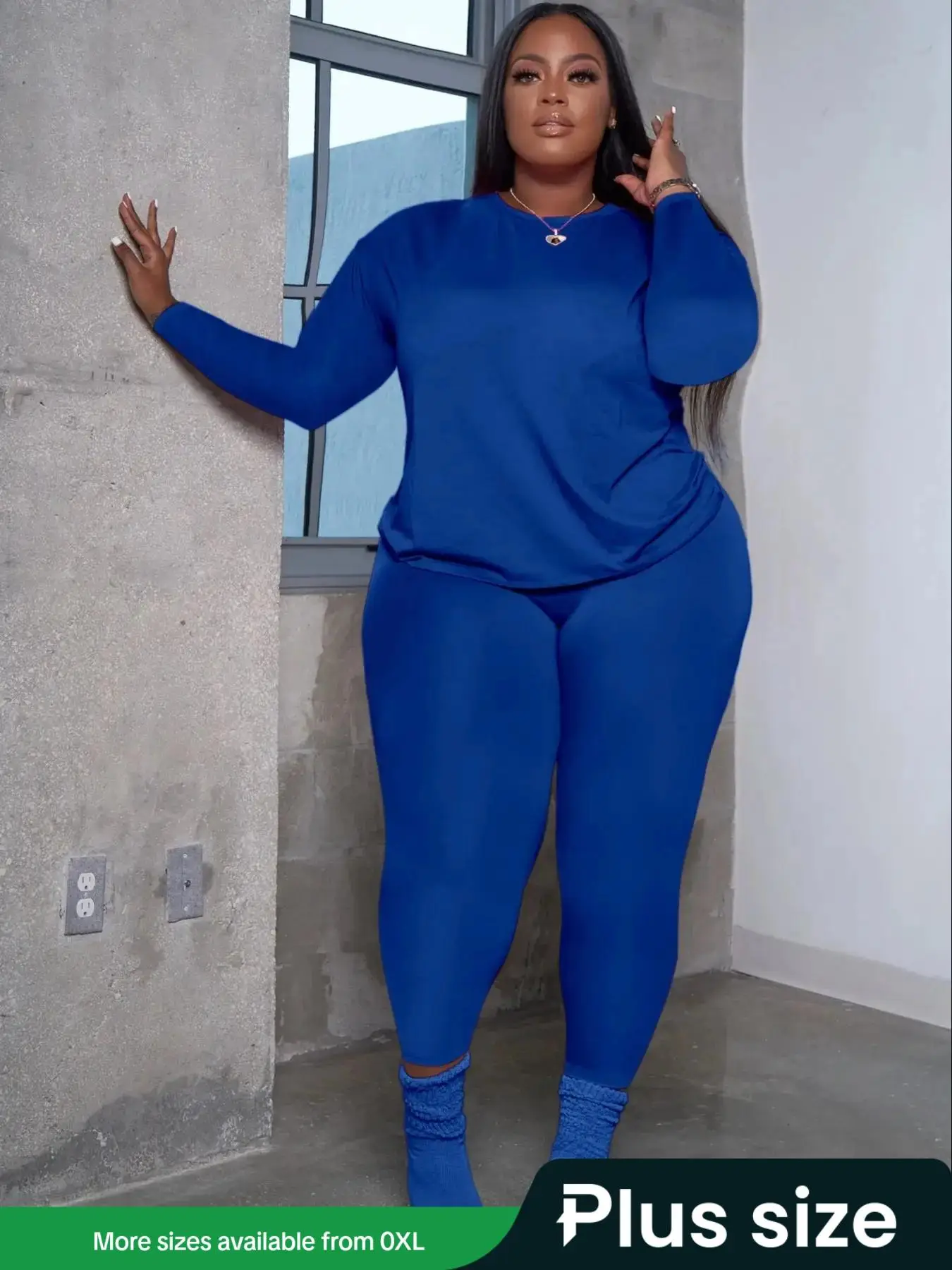 【Plus Size】two-piece Set Solid Long Sleeve Tee & Skinny Pants Two-piece Set, Casual Basic Round Neck Top & Trousers for Daily Outdoor Wear, Women's Do