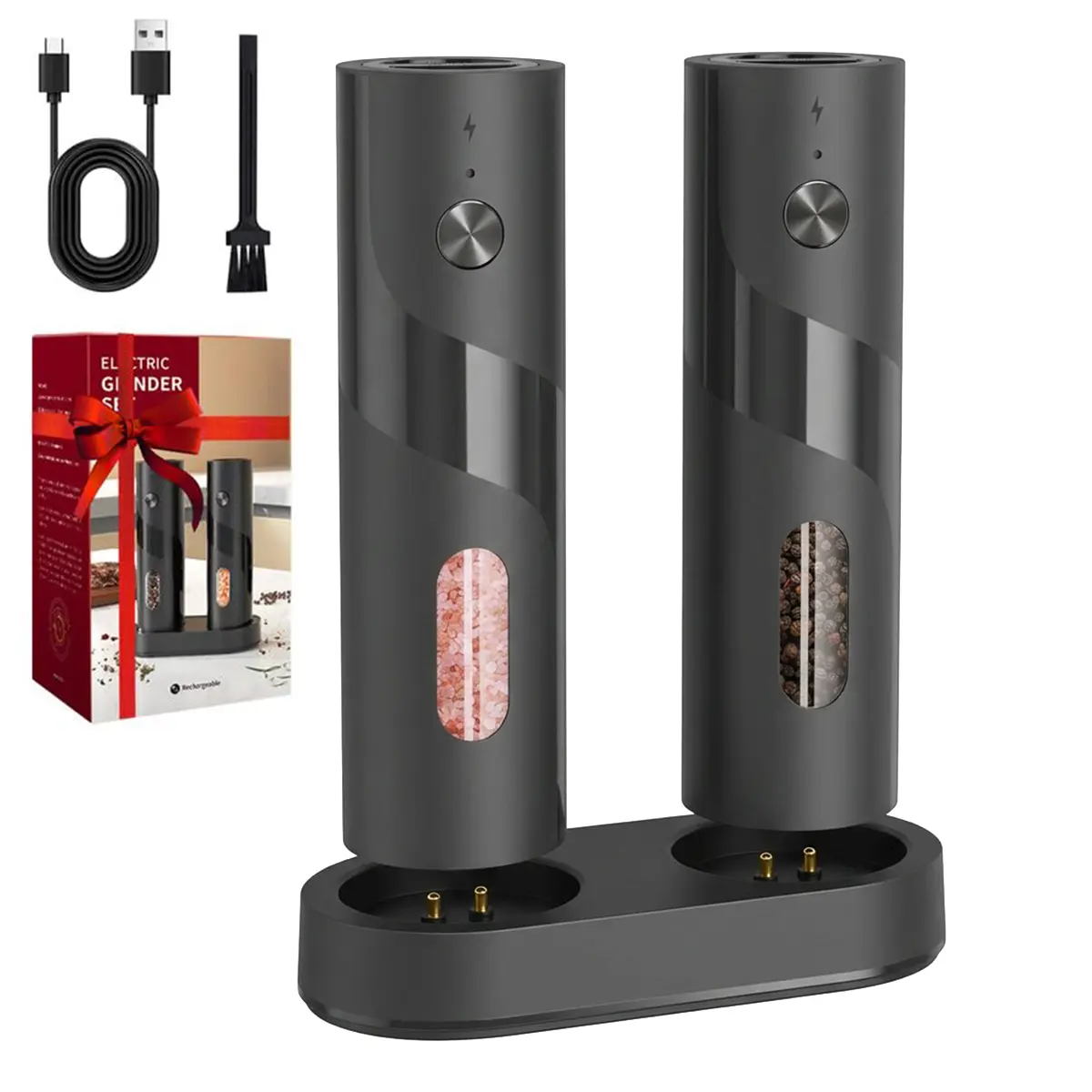 MAONAME Modern Electric Salt and Pepper Grinder Set,Pepper and Salt Shakers,Auto Pepper Mill with Rechargeable Base/Led Light/Adjustable Coarseness,Kitchen Essentials Ideal for Daily Use