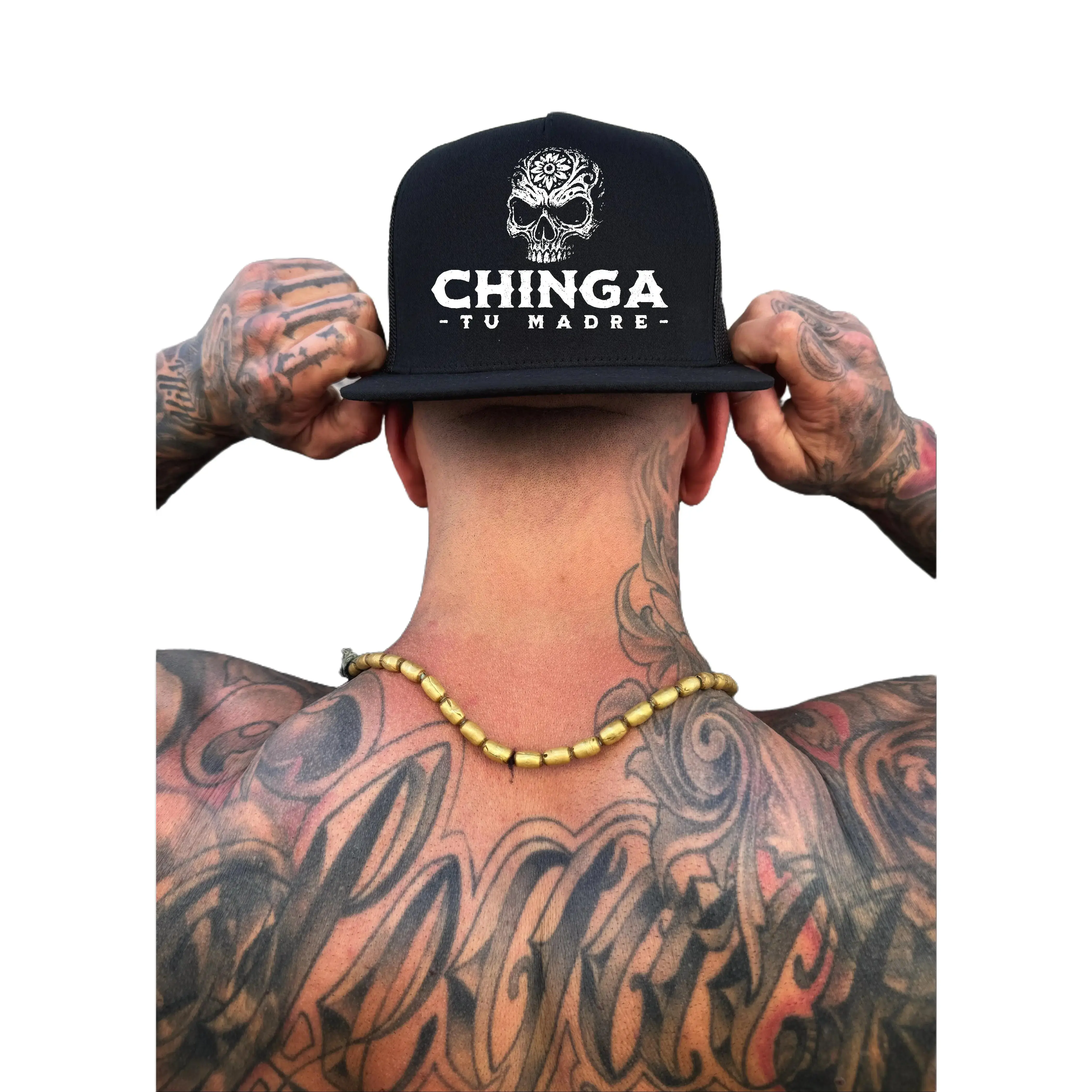 TheDriveClothing CHINGA TU MADRE Black Flat Bill Hat – Unisex Streetwear Snapback, Black & White Graphic Cap, Curved Bill Alternative, Mesh Back, Bold Statement Hat for Y2K & Festival Looks