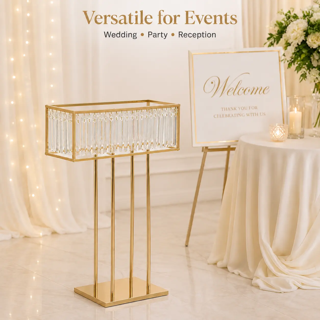 CNCEST Gold Electroplated Iron Crystal Flower Stand - Dual-Use Floor/Table DIY Floral Display with Stable Base, Large Load-Bearing, Sparkling Crystal Pendant for Wedding, Home Decoration