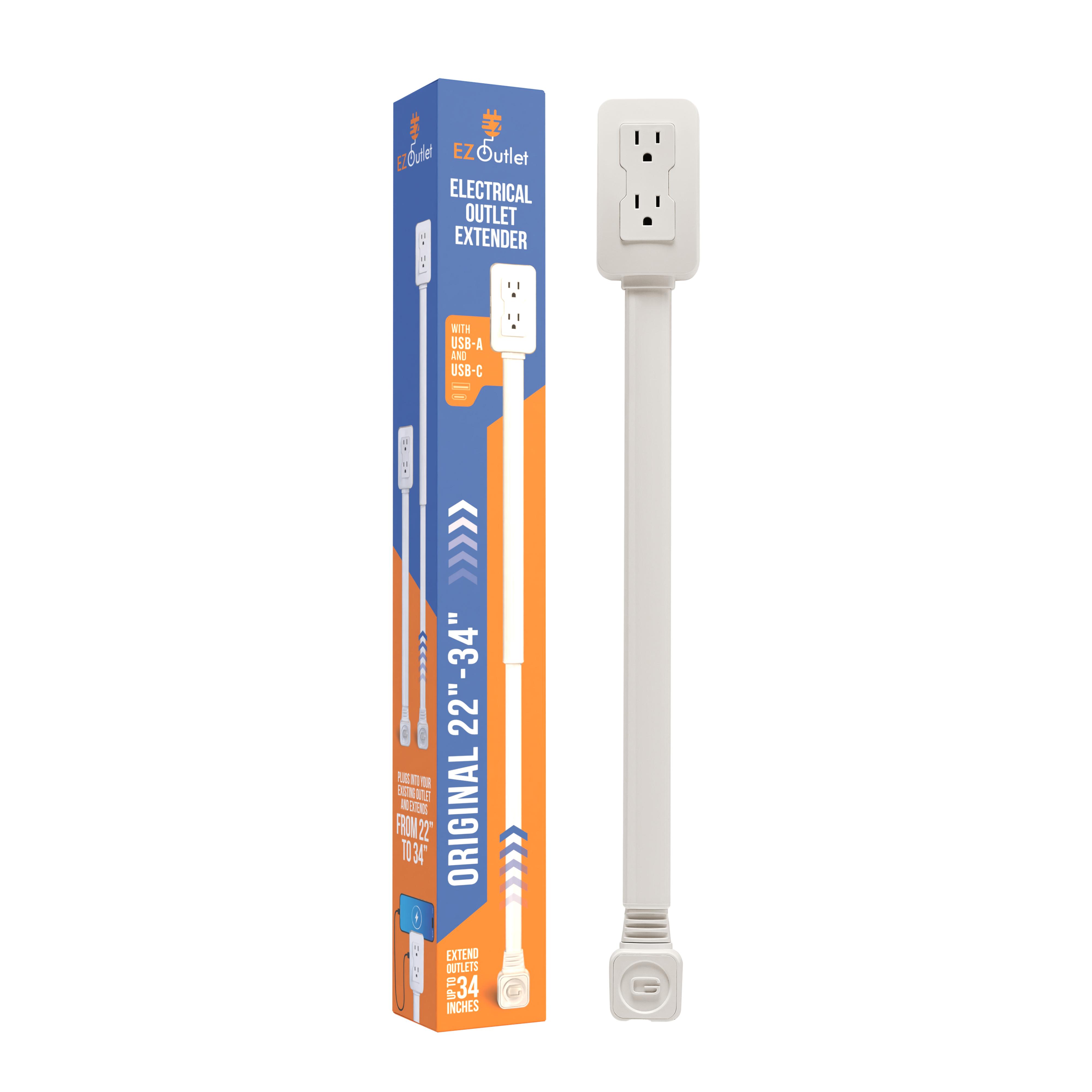 EZ Outlet Electrical Outlet Extender.  Access Hard-to-Reach Outlets! Extends 22-34", USB-A & USB-C Ports, Phone Charging Ledge, ETL Listed. Socket Plug