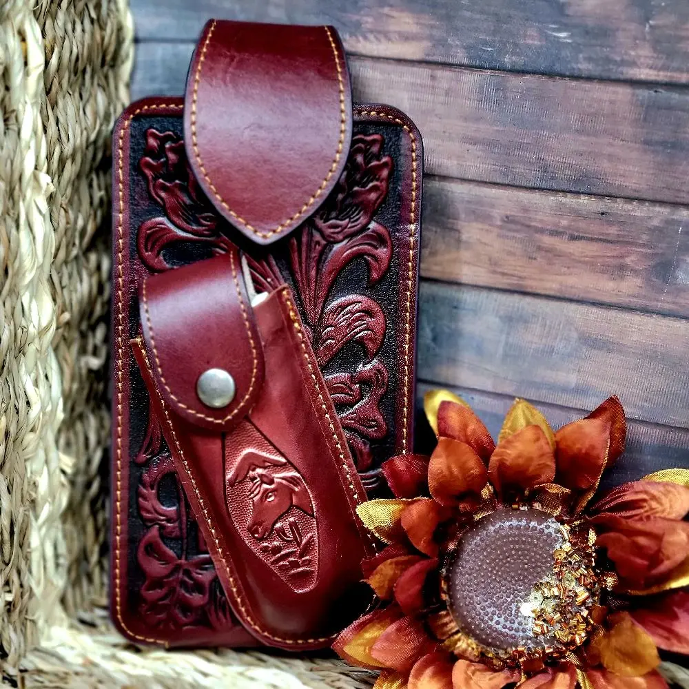 Horse Genuine Leather Phone Belt Holster and Knife Holder Floral embossed with belt loop and belt clip