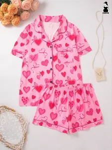 Plus Size Women's Pajama Set, Lapel Short Sleeve Top and Shorts, Heart Print All Over, Valentine's Day Gift, Home Wear, Loungewear