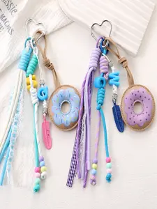 New Miu-style bow beaded bag charm, women's phone accessory, niche ins leather donut bag charm