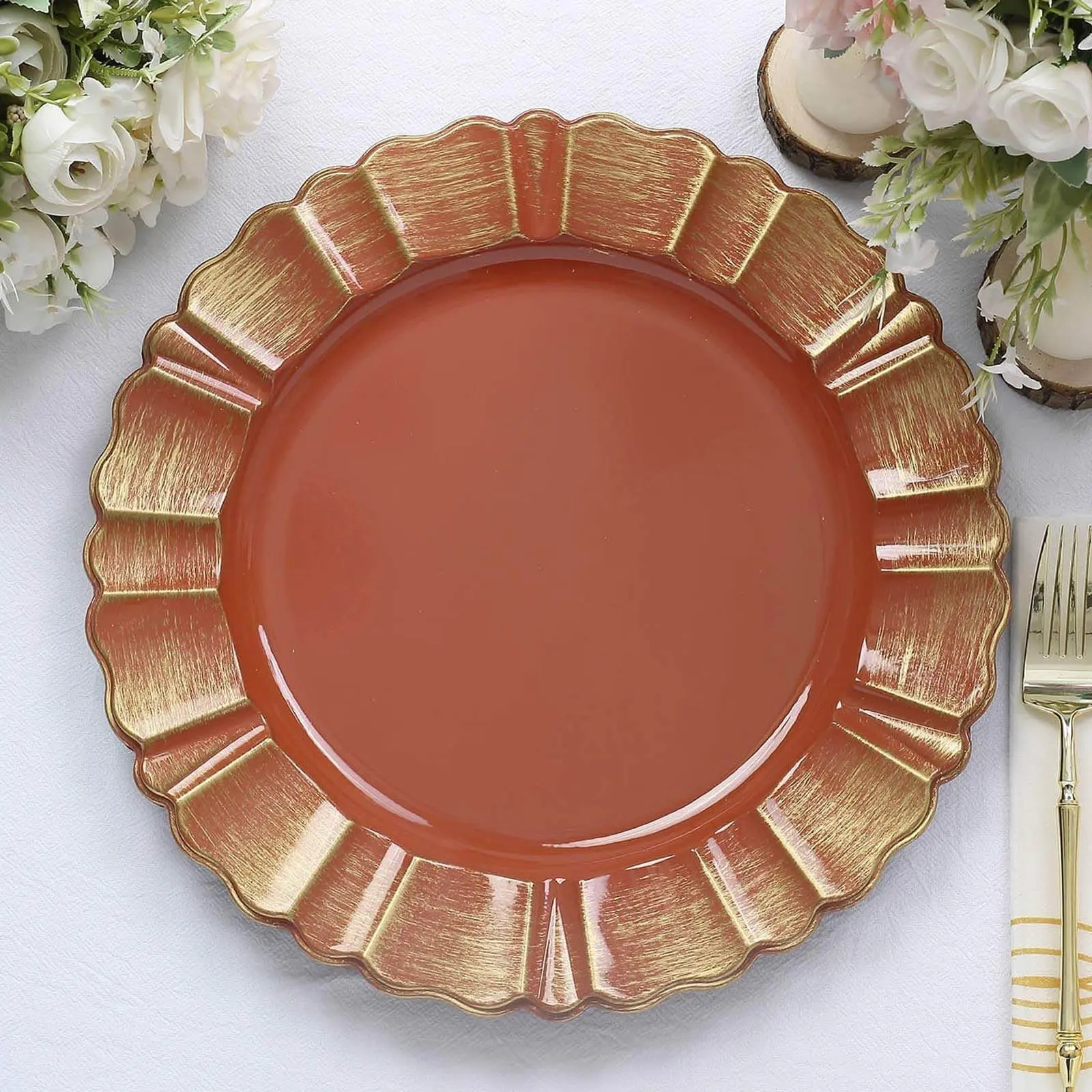 6-Pack Acrylic Plastic Charger Plates 13" Round Terracotta (Rust) with Gold Brushed Wavy Scalloped Rim - Dinner Charger Tableware, Dining Plate Set, Party Supplies