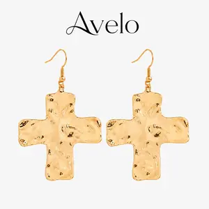Women's Hammered Cross Drop Earrings - Vintage Gold Statement Dangle Jewelry, Bohemian, Classic Western, Religious-Themed Fashion Accessories, Bohemian Earrings, Classic Western Earrings