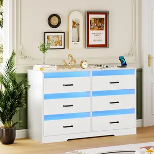 Vlsrka White Dresser for Bedroom with LED Light, 6 Drawer Large Chest of Drawers, Modern Dresser with Charging Station, Wood Bedroom Dresser for Closet/Living Room/Hallway