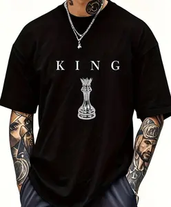 ‘KING’ Graphic Tee with Silver Chess Castle - Bold Monogram & Game Piece Motif in Classic White & Black,Four-season casual short-sleeved T-shirt, regular length T-shirt, sporty and casual, loose-fitting and comfortable.