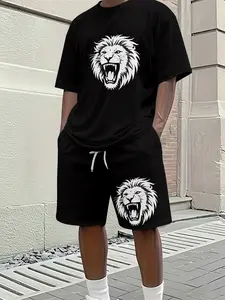 Black and White Roaring Lion Printed 3D Digital Printed Two-piece Set, 2Pcs, Trendy Fashion Suit, Trendy Retro Casual Two-piece Outfit, Vacation-style Trendy Wear, Breathable Sports Casual Style, Perfect Festival Gift for Men