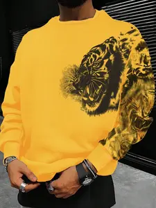 Men's Autumn Long Sleeve Urban Style Round Neck Knit Sweater, Fashion Tiger Print Design, Lightweight Pullover for Fall & Winter, Knitwear