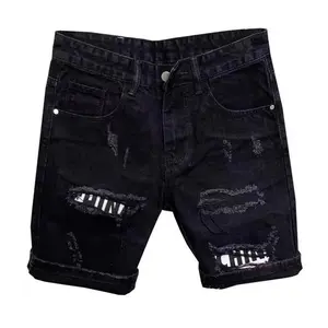 Zhengyu'Shop Summer Men Ripped Patchwork Denim Shorts Straight Button Zipper Pockets Shorts Knee-Length Denim Short Pants