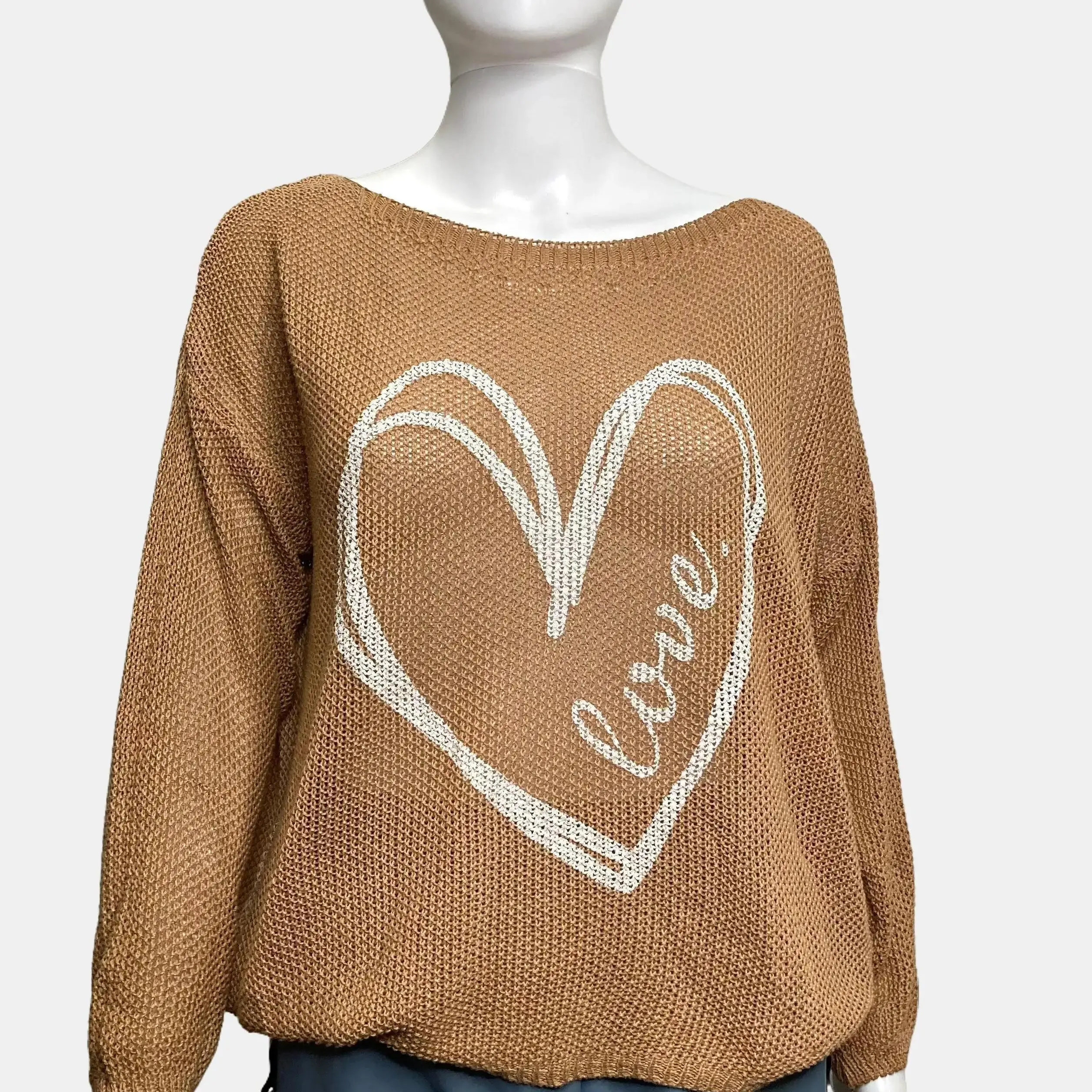 Caramel Knit Sweater with Heart Design – Cozy Romantic Pullover for Everyday Wear