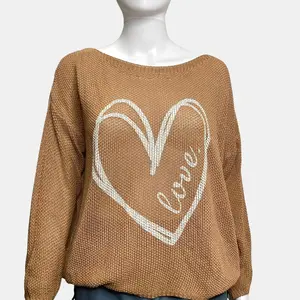 Caramel Knit Sweater with Heart Design – Cozy Romantic Pullover for Everyday Wear